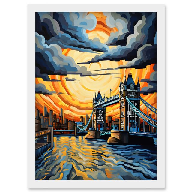 Artery8 Wall Art Print London Tower Bridge Dramatic Sunset Vibrant Artwork Blue Orange River Thames England Cloudy Sky Artwork Framed A4 in White - image 1