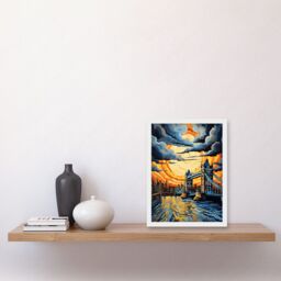 Artery8 Wall Art Print London Tower Bridge Dramatic Sunset Vibrant Artwork Blue Orange River Thames England Cloudy Sky Artwork Framed A4 in White - thumbnail 2