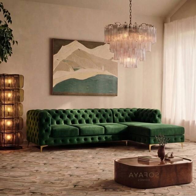 Sofaya Monaco Chesterfield 4 Seater Sofa Velvet Right Hand L Shaped Chaise in Green - Size: 4 Person - image 1