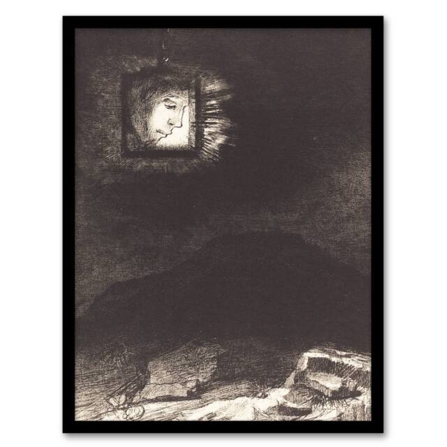 Artery8 Odilon Redon Framed Wall Art Print Glimmering Head Suspended in Grey - Size: A4 - image 1