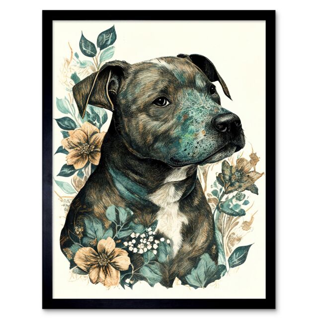 "Artery8 Wall Art Print Black Staffordshire Bull Terrier & Flowers Detailed Coloured Pencil Portrait Art Framed - Size: W12"" x H16""" - image 1