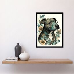 "Artery8 Wall Art Print Black Staffordshire Bull Terrier & Flowers Detailed Coloured Pencil Portrait Art Framed - Size: W12"" x H16""" - thumbnail 2