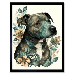 "Artery8 Wall Art Print Black Staffordshire Bull Terrier & Flowers Detailed Coloured Pencil Portrait Art Framed - Size: W12"" x H16""" - thumbnail 1