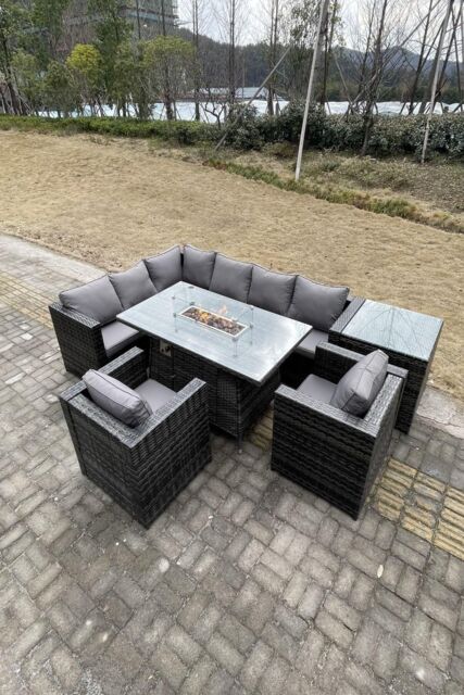 Fimous Outdoor Rattan Garden Corner Furniture Gas Fire Pit Dining Table Heater Sets Lounge 8 Seater in Dark Grey - image 1