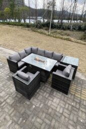 Fimous Outdoor Rattan Garden Corner Furniture Gas Fire Pit Dining Table Heater Sets Lounge 8 Seater in Dark Grey - thumbnail 3