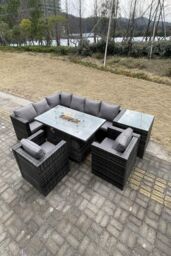 Fimous Outdoor Rattan Garden Corner Furniture Gas Fire Pit Dining Table Heater Sets Lounge 8 Seater in Dark Grey - thumbnail 4