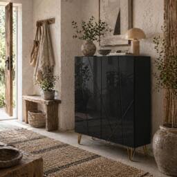 Wyld Haus Taco Mosa Slim High Gloss Black Shoe Cabinet Modern Geometric Design - thumbnail 1