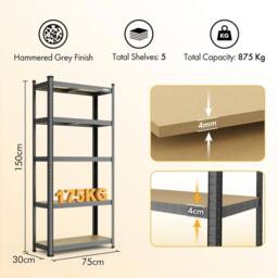 NESTLUNE 1.5m Garage Shelving Unit - VonHaus 5-Tier Heavy Duty in Grey - Size: 10000mm x 520mm - thumbnail 2