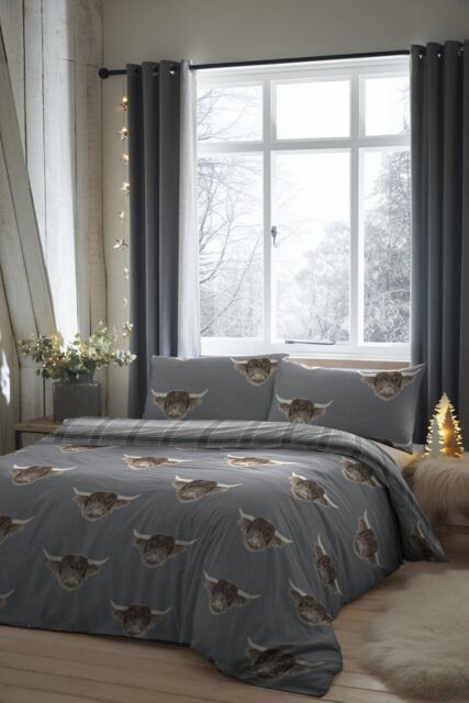 Fusion 'Highland Cow' Print With Tartan Reverse Duvet Cover Set in Grey - Size: Double - image 1