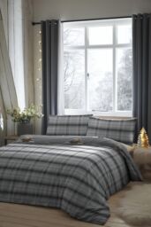 Fusion 'Highland Cow' Print With Tartan Reverse Duvet Cover Set in Grey - Size: Double - thumbnail 3