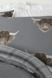 Fusion 'Highland Cow' Print With Tartan Reverse Duvet Cover Set in Grey - Size: Double - thumbnail 4