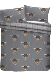 Fusion 'Highland Cow' Print With Tartan Reverse Duvet Cover Set in Grey - Size: Double - thumbnail 5