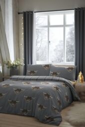 Fusion 'Highland Cow' Print With Tartan Reverse Duvet Cover Set in Grey - Size: Double - thumbnail 1