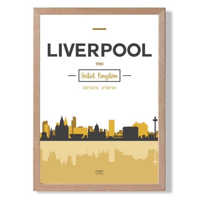ARTZE Liverpool Yellow & Black City Skyline Framed Print SIZE: A3 with Oak Frame - Size: A4 - image 1