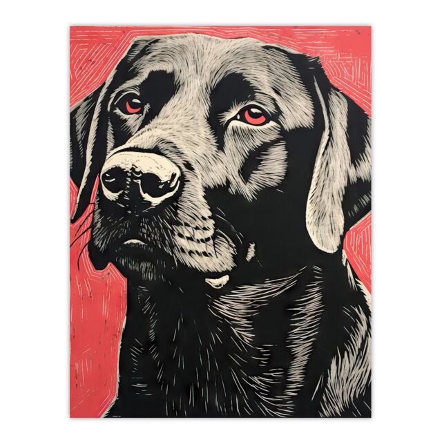 "Artery8 Black Lab Labrador Dog Portrait On Coral Backdrop Lino Risograph Riso Unframed Wall Art Print Poster Home Decor Premium - Size: W12"" x H16""" - image 1