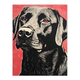 "Artery8 Black Lab Labrador Dog Portrait On Coral Backdrop Lino Risograph Riso Unframed Wall Art Print Poster Home Decor Premium - Size: W12"" x H16""" - thumbnail 1