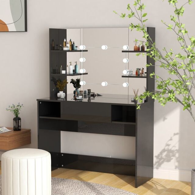 Berkfield Home Makeup Table with LED Lights 100x40x135 cm MDF Shining Black - Size: 100 x 40 x 135 cm - image 1