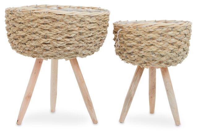 Orsina Set of 2 White Planters, Woven White Pots With Wooden Legs, White Plant Containers With Inner Lining in Natural - image 1