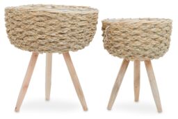 Orsina Set of 2 White Planters, Woven White Pots With Wooden Legs, White Plant Containers With Inner Lining in Natural