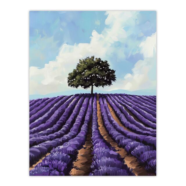 "Artery8 Lone Tree Lavender Fields Painting Purple Nature Wall Art Print - Size: W24"" x H32""" - image 1