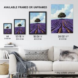 "Artery8 Lone Tree Lavender Fields Painting Purple Nature Wall Art Print - Size: W24"" x H32""" - thumbnail 3