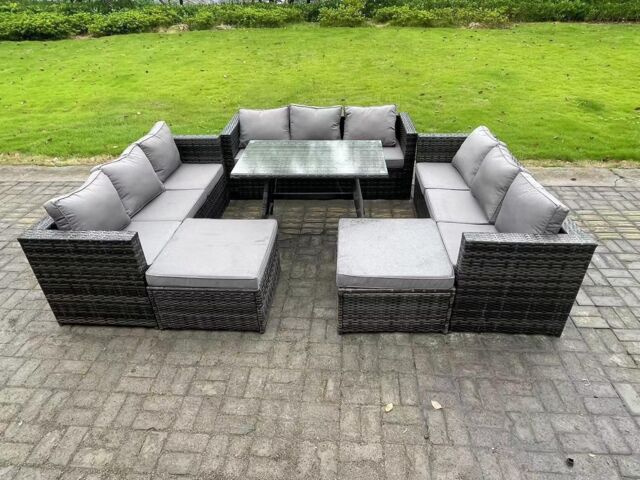 Fimous 11 Seater Wicker PE Rattan Outdoor Furniture Lounge Sofa Garden Dining Set with Dining Table Footstools in Dark Grey - image 1