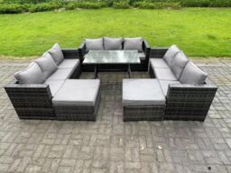 Fimous 11 Seater Wicker PE Rattan Outdoor Furniture Lounge Sofa Garden Dining Set with Dining Table Footstools in Dark Grey - thumbnail 2