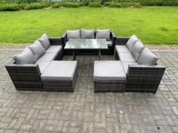 Fimous 11 Seater Wicker PE Rattan Outdoor Furniture Lounge Sofa Garden Dining Set with Dining Table Footstools in Dark Grey - thumbnail 1
