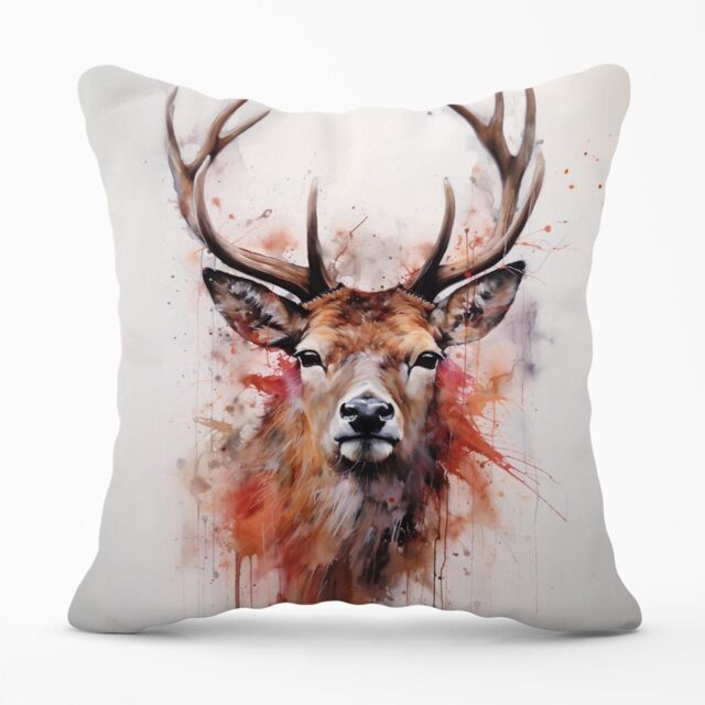 Warren Reed - Designer Watercolour Splashart Stag Face Outdoor Cushion in Brown - Size: 60 cm x 60 cm - image 1