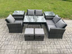 Fimous Garden Dining Set Wicker PE Rattan Outdoor Furniture Sofa with Rectangular Dining Table Double Seat Sofa 2 Side Tables 2 Small Footstools - thumbnail 1