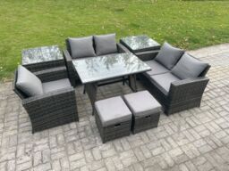 Fimous Garden Dining Set Wicker PE Rattan Outdoor Furniture Sofa with Rectangular Dining Table Double Seat Sofa 2 Side Tables 2 Small Footstools - thumbnail 2