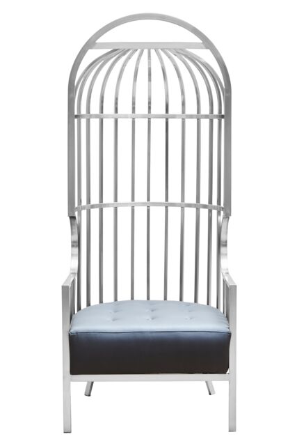Orsina Brushed Silver Dome Cage Chair, Art‑Deco Silver Metal Frame with Dome‑Top Cage Design, Black Tufted Seat - image 1