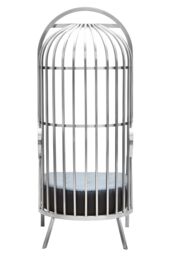 Orsina Brushed Silver Dome Cage Chair, Art‑Deco Silver Metal Frame with Dome‑Top Cage Design, Black Tufted Seat - thumbnail 4