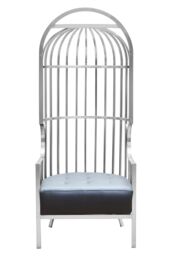 Orsina Brushed Silver Dome Cage Chair, Art‑Deco Silver Metal Frame with Dome‑Top Cage Design, Black Tufted Seat - thumbnail 1
