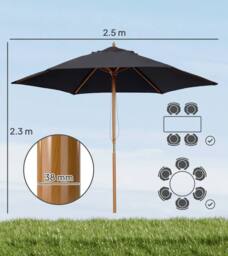 OUTSUNNY 2.5m Wood Garden Parasol Sun Shade Patio Outdoor in Black - thumbnail 3