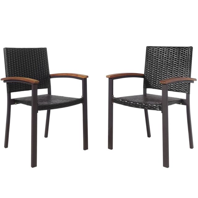 Gymax 2 Pack Outdoor PE Wicker Stackable Chairs Patio Dining Chairs-Brown in Brown - image 1