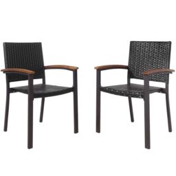 Gymax 2 Pack Outdoor PE Wicker Stackable Chairs Patio Dining Chairs-Brown in Brown