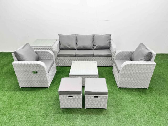 Fimous PE Rattan Garden Furniture Set Reclining Chair Sofa Lounge Sofa Set Square Coffee Table Side Table 2 Small Stools Light Grey - image 1