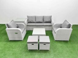 Fimous PE Rattan Garden Furniture Set Reclining Chair Sofa Lounge Sofa Set Square Coffee Table Side Table 2 Small Stools Light Grey - thumbnail 2