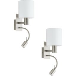 Loops 2 PACK Wall Light Colour Satin Nickel Shade White Fabric E27 LED 1x40W 1x3.5W in Metallics - thumbnail 1
