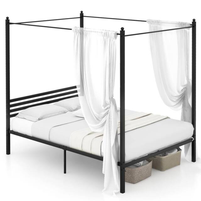 Costway Double Size Canopy Bed Frame 200x140cm Metal Platform Bed w/ Headboard in Black - Size: 200x140 cm - image 1