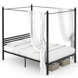 Costway Double Size Canopy Bed Frame 200x140cm Metal Platform Bed w/ Headboard in Black - Size: 200x140 cm
