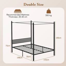 Costway Double Size Canopy Bed Frame 200x140cm Metal Platform Bed w/ Headboard in Black - Size: 200x140 cm - thumbnail 2