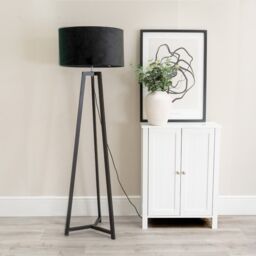 ValueLights Lottie Black Wood Tripod Floor Lamp with Velvet Drum Shade & LED Bulb - thumbnail 3