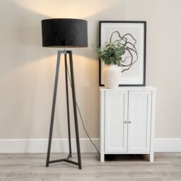 ValueLights Lottie Black Wood Tripod Floor Lamp with Velvet Drum Shade & LED Bulb - thumbnail 1