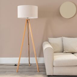 ValueLights Barbro Wood Tripod Floor Lamp with Natural Linen with Trim Drum Shade in White - thumbnail 3