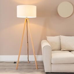 ValueLights Barbro Wood Tripod Floor Lamp with Natural Linen with Trim Drum Shade in White - thumbnail 1
