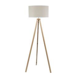 ValueLights Barbro Wood Tripod Floor Lamp with Natural Linen with Trim Drum Shade in White - thumbnail 2