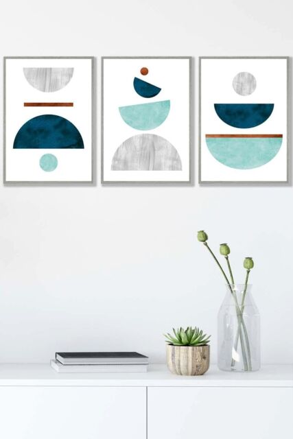 ARTZE Teal, Mint Green & Grey Abstract Mid Century Geometric Framed Wall Art - Medium in Light Grey - Size: W45 cm x H62 cm x D20mm - image 1