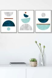 ARTZE Teal, Mint Green & Grey Abstract Mid Century Geometric Framed Wall Art - Medium in Light Grey - Size: W45 cm x H62 cm x D20mm - thumbnail 1